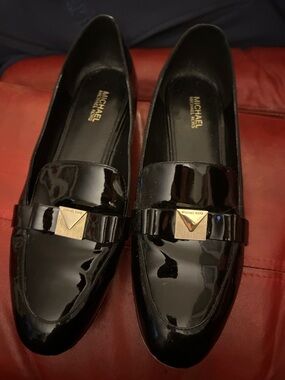 Michael Kors Black Patent Loafers with Gold Accent Hardware